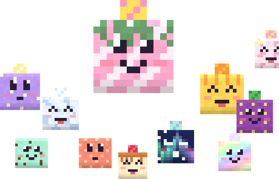 Colourful slimes from the Slime Craft add-on: a big largo in the middle surrounded by smaller slimes