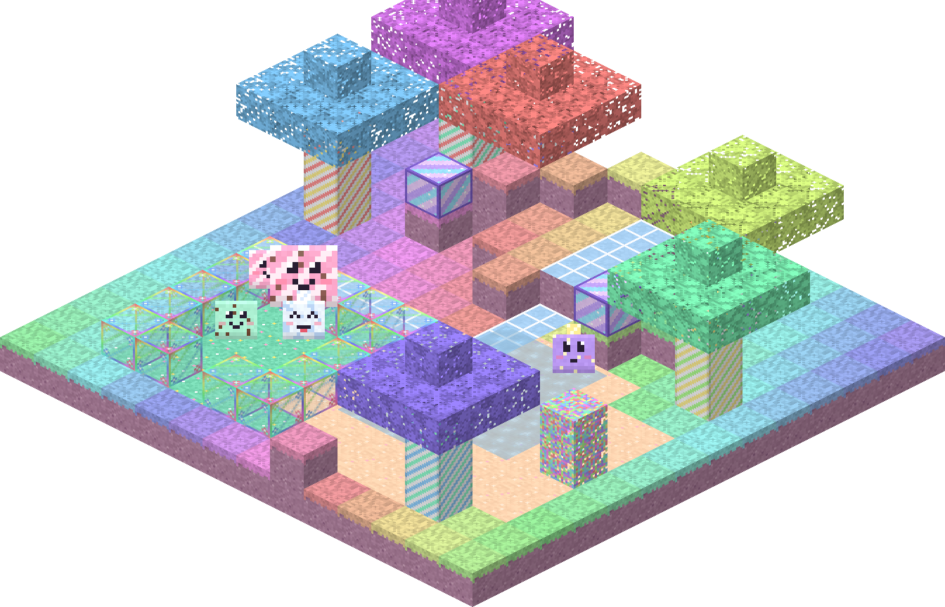 Isometric view of a Slime Craft world: rainbow pastel grass, candy-striped trees with colourful leaves, a pond with sand, a corral of see-through Slime Barrier blocks holding slimes and a big largo